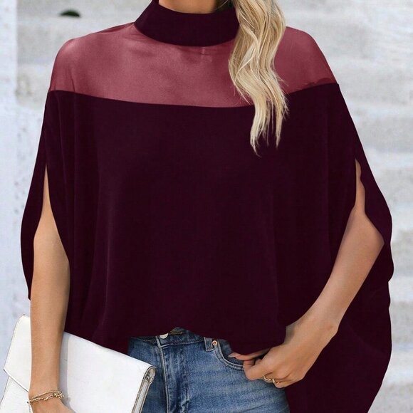 Burgundy Casual Women's Stand Collar Mesh Hollow Blouse - Picture 4 of 6